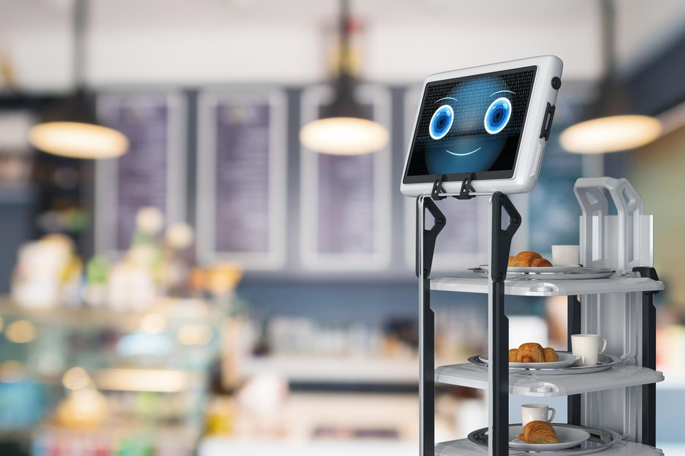 Automation cafe with robotic assistant or service robot serve food